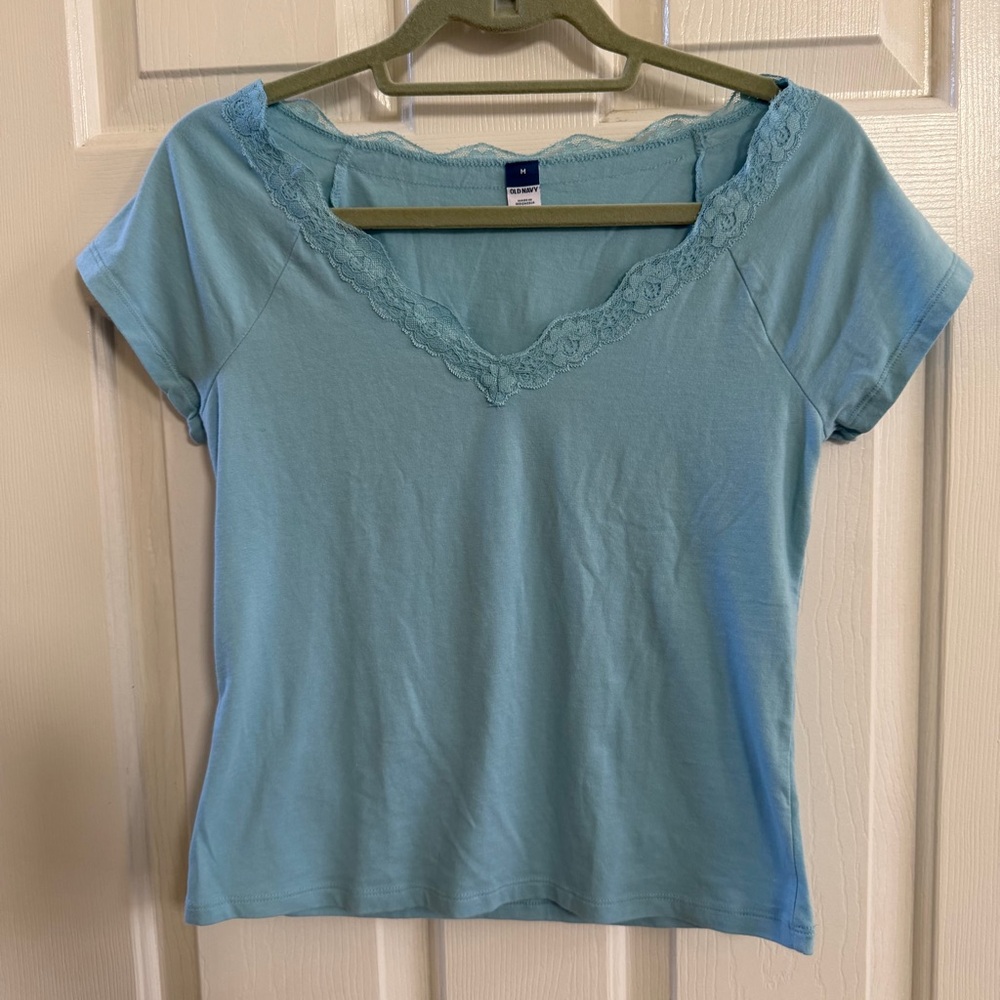 Old Navy Light Blue V-Neck Lace Trim Tee